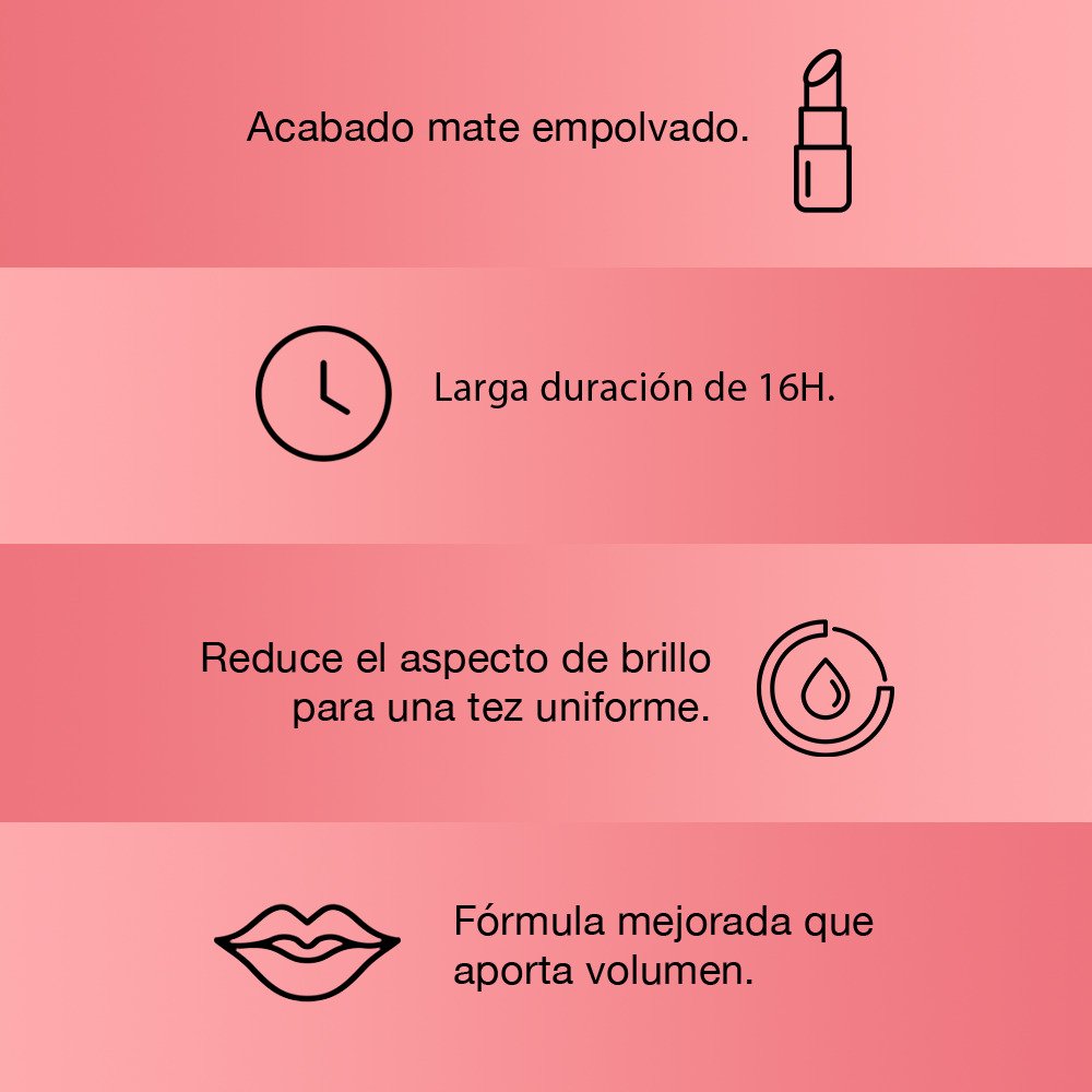 Acabado mate empolvado, larga duración de 16 horas, reduce el impacto de brillo para una tez uniforme. Fórmula mejorada que aporta volumen. Colombia.